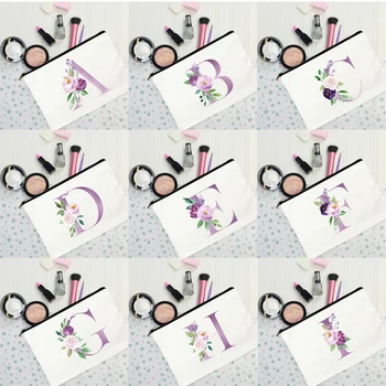 Лилави цветя писма грим чанти Harajuku мода козметична торбичка преносим еко цип чанта платно случайни многократна употреба чанта за съхранение