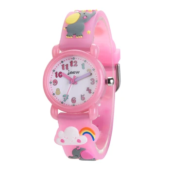 Сладък розов слон дъга карикатура детски часовник мека силиконова каишка с японско движение водоустойчив момиче часовник подарък