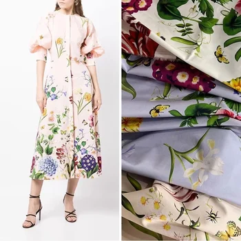 Пролет и лято Европейско и американско модно шоу Stretch памук Gong отпечатани плат Дамска рокля Poplin цвете High-set