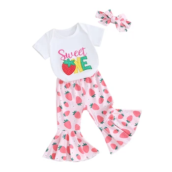 Малко дете бебе момичета облекло бяла писмо бродерия гащеризон ягода печат панталони лента за глава къс ръкав дрехи