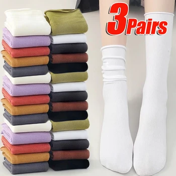 3pairs Японски хлабав чорапи гимназия момичета Harajuku дълго сладък чорапи жени плътни цветове плетене шарени памук дамски чорап