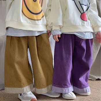2023 Детски панталони пролет есен деца корейски стил плътен цвят случайни момчета и момичета хлабав широк крак случайни прости панталони