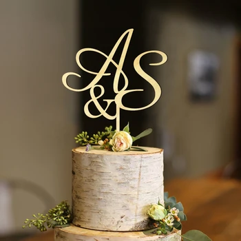 Еднобуквено фамилно име Персонализирана златна сватбена торта топери, s торта топер, две букви дърво торта topper