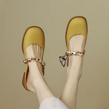 Метална верига Chaussures Femme кръг пръсти дамски обувки реколта Zapatos пара Mujeres приплъзване на Sapato Feminino клас токчета sandalias
