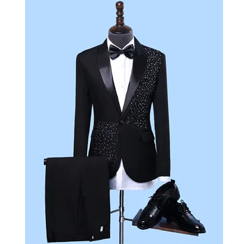 Луксозни диамантени декоративни костюми за мъже 2 части шик връх ревера блейзър сцена изпълнение концерт домакин Tuxedo тънък годни мъжки костюм
