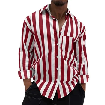 2023 Мъжки дълъг ръкав поло врата раирана риза хлабав голям случайни мода универсален риза мъжки голяма риза