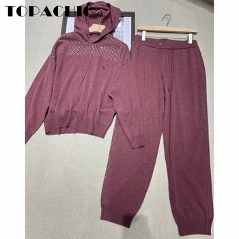 10.14 TOPACHIC Дамски комплект от 2 части Качулати пайети Кашмир плетен пуловер пуловер + Sweatpants