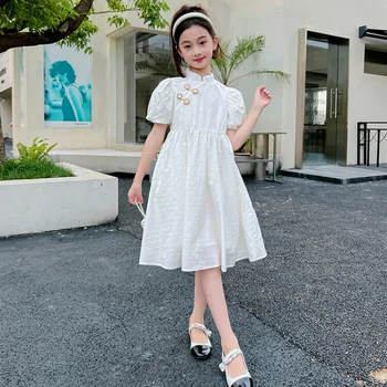Лятна рокля за млади момичета 4-16 години момиче елегантен парти рокля балон ръкав cheongsam рокля Безплатна доставка рокля в китайски стил