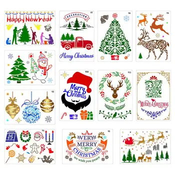  Коледни шаблони за многократна употреба Шаблони за шаблони за шаблони за създаване на карти Зимен празник DIY декор 12pcs комплект шаблони за рисуване