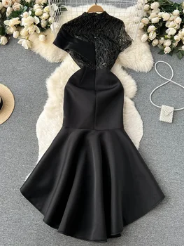 Лятна секси дантелена бродерия рокля жени шевове неправилна рокля с подгъв Дамска къс ръкав Ежедневна черна рокля Vestidos