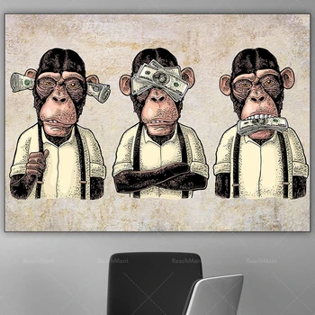 Три мъдри маймуни стена изкуство, не мога да чуя или говоря за злото платно, 3 панел смешно маймуна улица изкуство, графити плакат начало декор