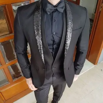 2020 Най-новият дизайн по поръчка мъжки черен костюм лъскави мъниста Slim Fit младоженец сватбена рокля смокинг 3 парчета (яке + панталони + жилетка