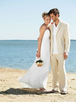 Слонова кост бельо костюми плаж сватба костюми за мъже по поръчка бельо костюм по поръчка младоженец смокинг, идеален избор за гореща лятна сватба