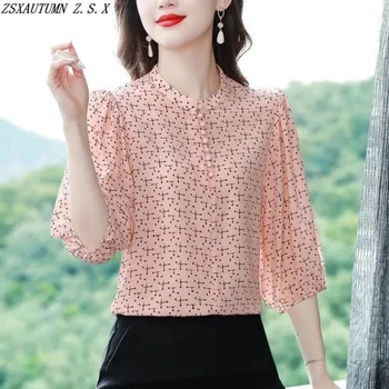 Седемточков ръкав шифон риза женски флорални тънък риза лято нови жени случайни корейски фини елегантни блузи за жени отгоре