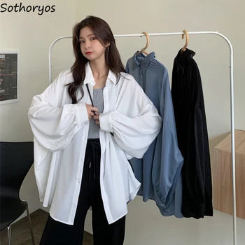 Lantern ръкав ризи жени чист прост хлабав дизайн корейски стил мода всички мач причинно-следствена тънка слънце доказателство нежна Mujer дрехи