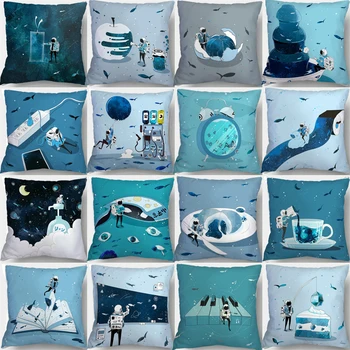 45x45cm Инс космонавт астронавт калъфка творчески Teal синя възглавница покритие обичай морски свят риба животински диван хвърлят възглавница