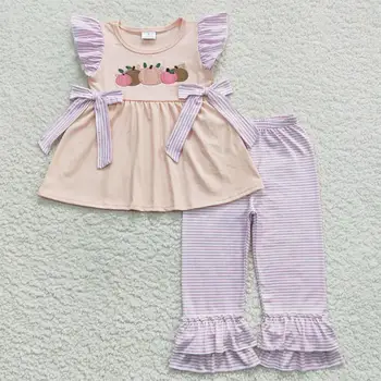 Търговия на едро бебе момиче къси ръкави бродерия тиква памук туника деца есен комплект малко дете деца лилаво ивици панталони облекло