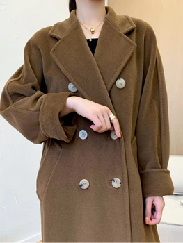 2023 Нови жени Двуредно вълнено кашмирено палто Средна дължина Есен-зима Свободно луксозно двустранно топло вълнено палто Fahion Fem
