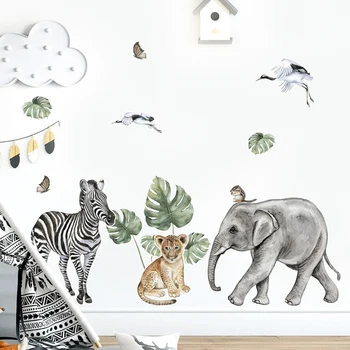 Карикатура слон гепард животински листа акварел стена стикер винил бебе детска стая изкуство ваденки за детска стая декорация на дома