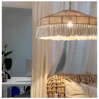 Реколта бохемски LED висящи светлина с пискюл въже за трапезария, спалня, кафене и японски стил кремав цвят хан