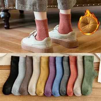 Зимни хавлиени сгъстени топли памучни чорапи плътен цвят унисекс средата на прасеца дишаща Sockings сладък двойка чорап облекло аксесоари