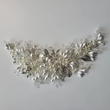 SLBRIDAL Ръчно изработени жични кристали кристали цвете листа дълга сватба гребен за коса булчински лента за глава Аксесоари за коса Жени Бижута