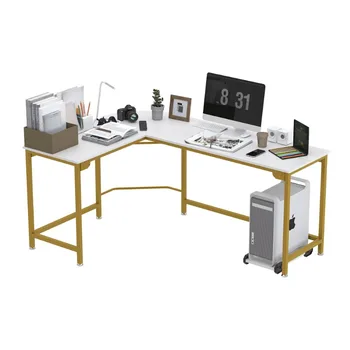 L-образен ъгъл компютър бюро офис работна станция модерен дървен дом проучване писане маса лаптоп бюро - бяло със златна рамка