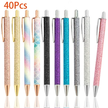 40Pcs блясък фантазия химикалка за жени, сладък искрящ кликнете метални писалки, прибиращ се многоцветен писалка за дневник & училище
