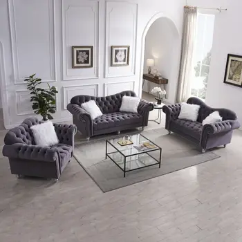 USA 3 парче хол диван комплект, Loveseat и диван стол, пет бели Villose възглавница диван мебели комплект