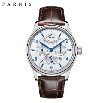 Parnis 43mm сребърен калъф Автоматичен механичен мъжки часовник Сапфирен кристал кожена каишка Мъжки водоустойчиви часовници Релодж Хомбре 2023