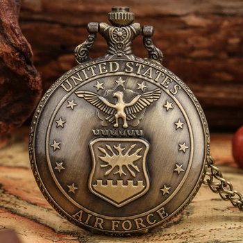 Изящен бронзов орел на военновъздушните сили Звезди Съединени щати кварцов джобен часовник Мъжки фенове сувенирни подаръци с 80 см врата верига подарък часовник