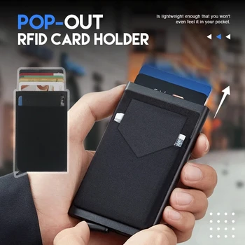 Изскачащ RFID държач за карти Тънък алуминиев портфейл Еластичност Обратно торбичка ID притежател на кредитна карта Блокиране Защитете Travel ID Cardholder