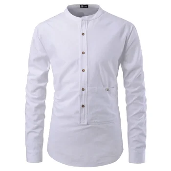 2023 Пролет и есен Нови мъжки ризи плътен цвят пуловер джоб изправи яка половин отворен дълъг ръкав риза