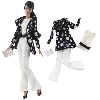 NK 4 Items/ Комплект кукла Outfit Черно палто + Бяла риза + Модна чанта чанта + Бели панталони Аксесоари за кукла Барби 4X