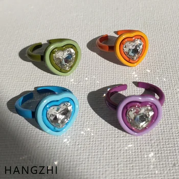 HANGZHI INES 2021 Ново сърце любов кристал инкрустация бонбони цвят спрей боя отворени пръстени за пръсти за жени момичета парти модерен бижута