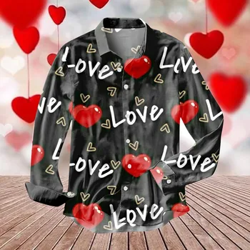 Мъжка риза Love Digital 3d отпечатана риза с любовно писмо Риза с дълъг ръкав Топ ревера Loose Валентин мода красиви ризи върховете