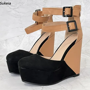 Sukeia Нова мода жени платформа помпи обратно цип клинове токчета кръг Toe красиви кайсиеви парти обувки САЩ плюс размер 5-20
