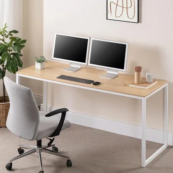 47Inch White Frame Desk / Компютърна работна станция / Office Desk / Easy Assembly, Natural