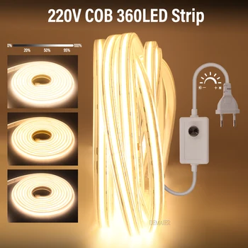 COB LED лента 220V затъмняване / превключвател EU Plug 360LED / m 3000k 4000k 6000k RA90 външна градина LED лента спалня кухненско осветление