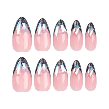 Голи цвят френски фалшиви нокти лъскави кристали бадем елегантен изкуствен нокти за салон експерт и наивни жени