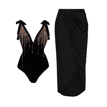 Моден градиент Черни бикини 2023 Нова папийонка Бански костюм от едно парче Секси V-образно деколте Летни плажни облекла Бански костюми Backless Slim