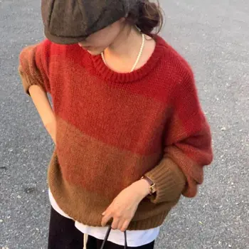 Мек лепкав удебелен пуловер пуловер за жените есен зима нов нежен стил хлабав мързелив контраст цвят трикотажни отгоре