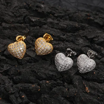 Медни циркониеви сърдечни обеци Stud CZ Crystal Love Stud обеци за жени Златен цвят аксесоари за уши Бижута Валентин Подаръци