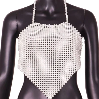 Leqoel Секси ръчно изработени перли сърце форма върховете жилетка за жени 2023 мода парти кухи навън без гръб Crop Top прашка дрехи