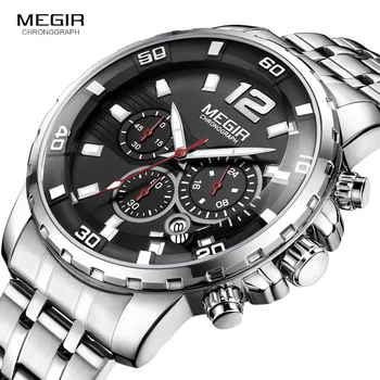Megir мъжки хронограф кварцови часовници от неръждаема стомана аналогов ръчен часовник за мъж 24-часов дисплей водоустойчив светлинен 2068G-1