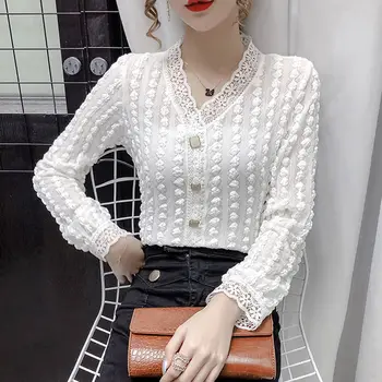 V-образно деколте дантела пачуърк квадратен бутон дизайн феякор стил тениски бял триизмерен клипинг прозрачен тънък женски