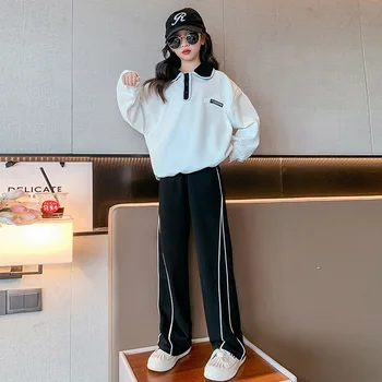 Корейски детски дрехи 2023 пролетен есенен спортен костюм пуловер суитчър + широки крака спортни панталони комплекти за момиче 2 парчета