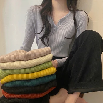 Жените тънък v-образно деколте пуловер дълъг ръкав трикотажни риза върховете есен зима нова тениска Y2k върховете Harajuku Crop Top