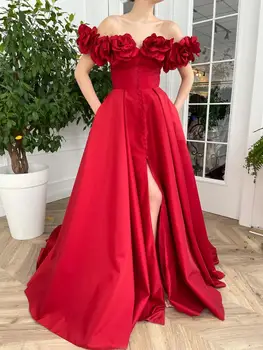 Червени марокански вечерни рокли A-линия от рамото сатенени цветя цепка дълго лукс Турция Дубай Саудитска Арабия Абитуриентска рокля рокля