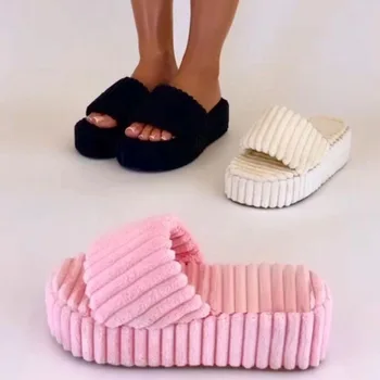 Токчета Жени Лято 2023 Платформа Повишени обувки Голям размер Дебели подметки Кърпа Плюшени чехли Мода Плътни цветове Плажни обувки